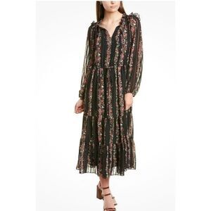 JULIA JORDAN Floral Stripe Print Ruffle-Trim Pleated Drawstring Dress Size 4
